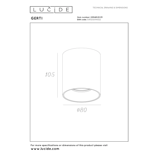 GERTI - Plafon - Ø 8 cm - 1xGU10 - White - Essential 09945/01/31 LUCIDE